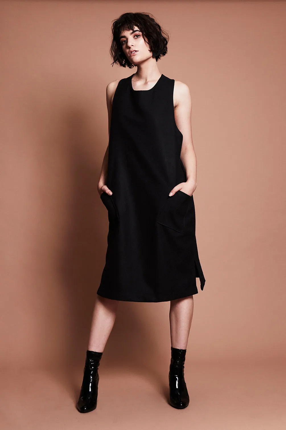 • SAMPLE • PEPPERCORN PINAFORE [ Wool Blend, Black Dress, Triangle Hardware ]