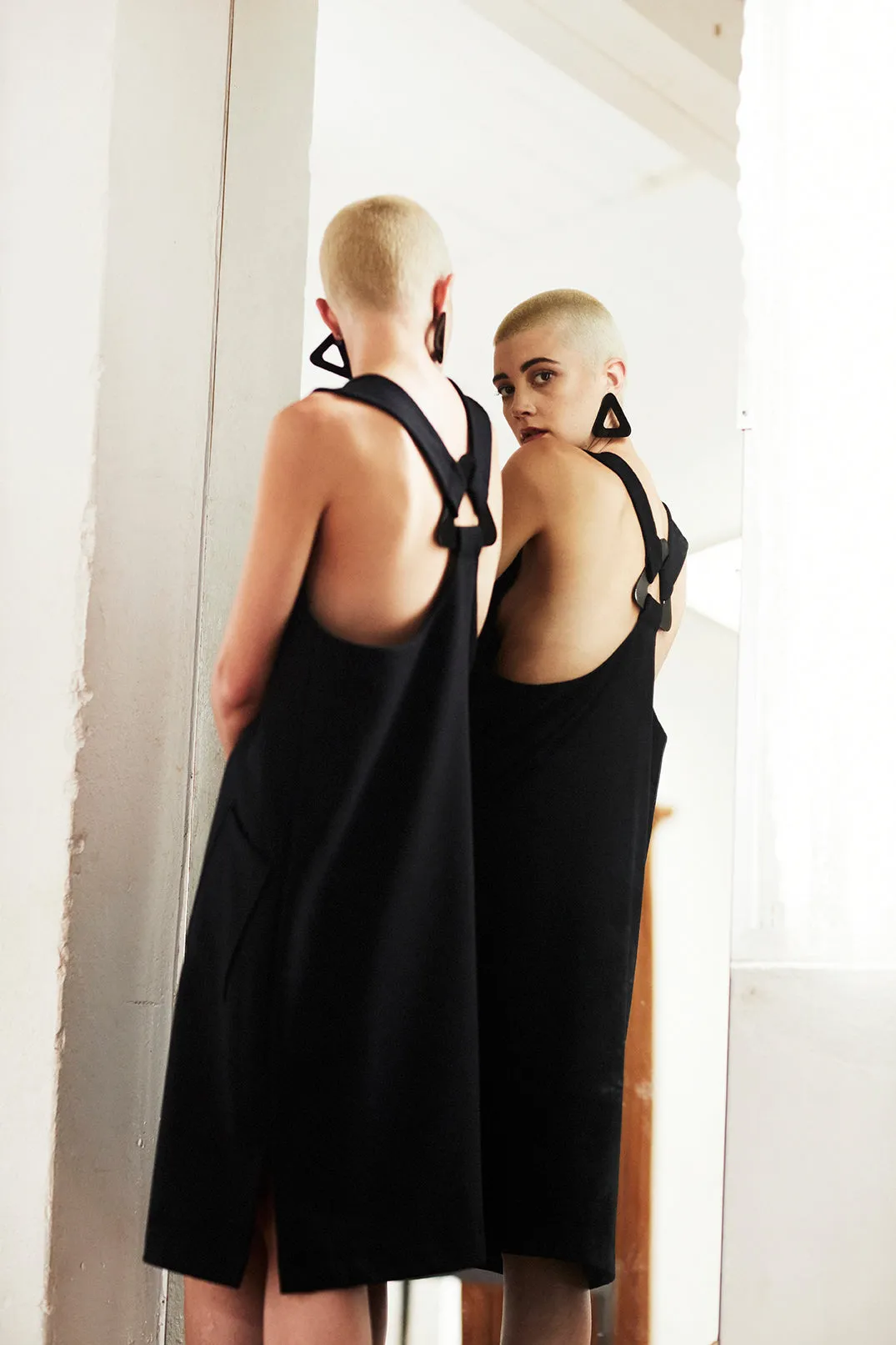 • SAMPLE • PEPPERCORN PINAFORE [ Wool Blend, Black Dress, Triangle Hardware ]