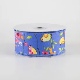 1.5" Birds With Floral Branches Ribbon: Medium Blue, Pink, Orange (10 Yards)