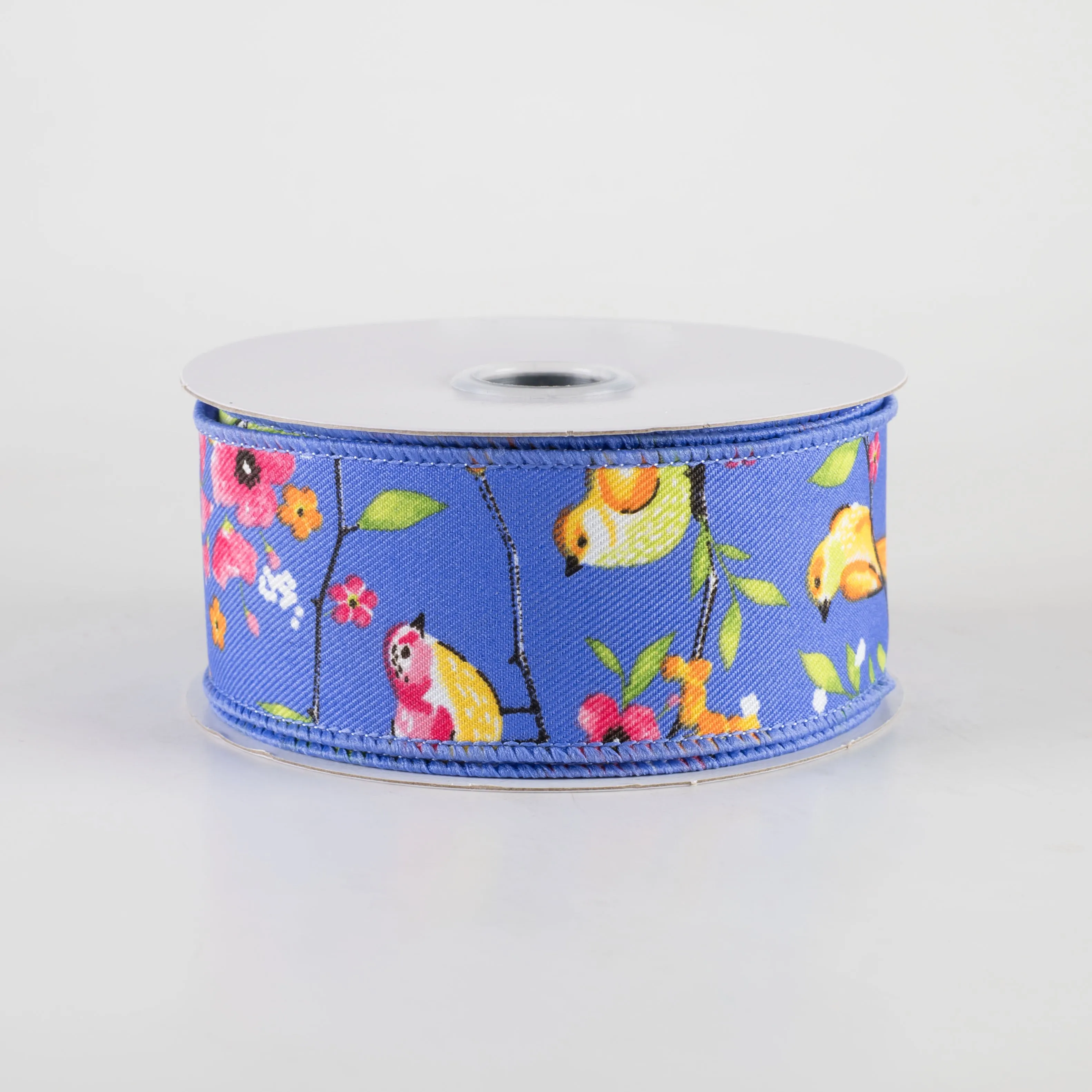 1.5" Birds With Floral Branches Ribbon: Medium Blue, Pink, Orange (10 Yards)