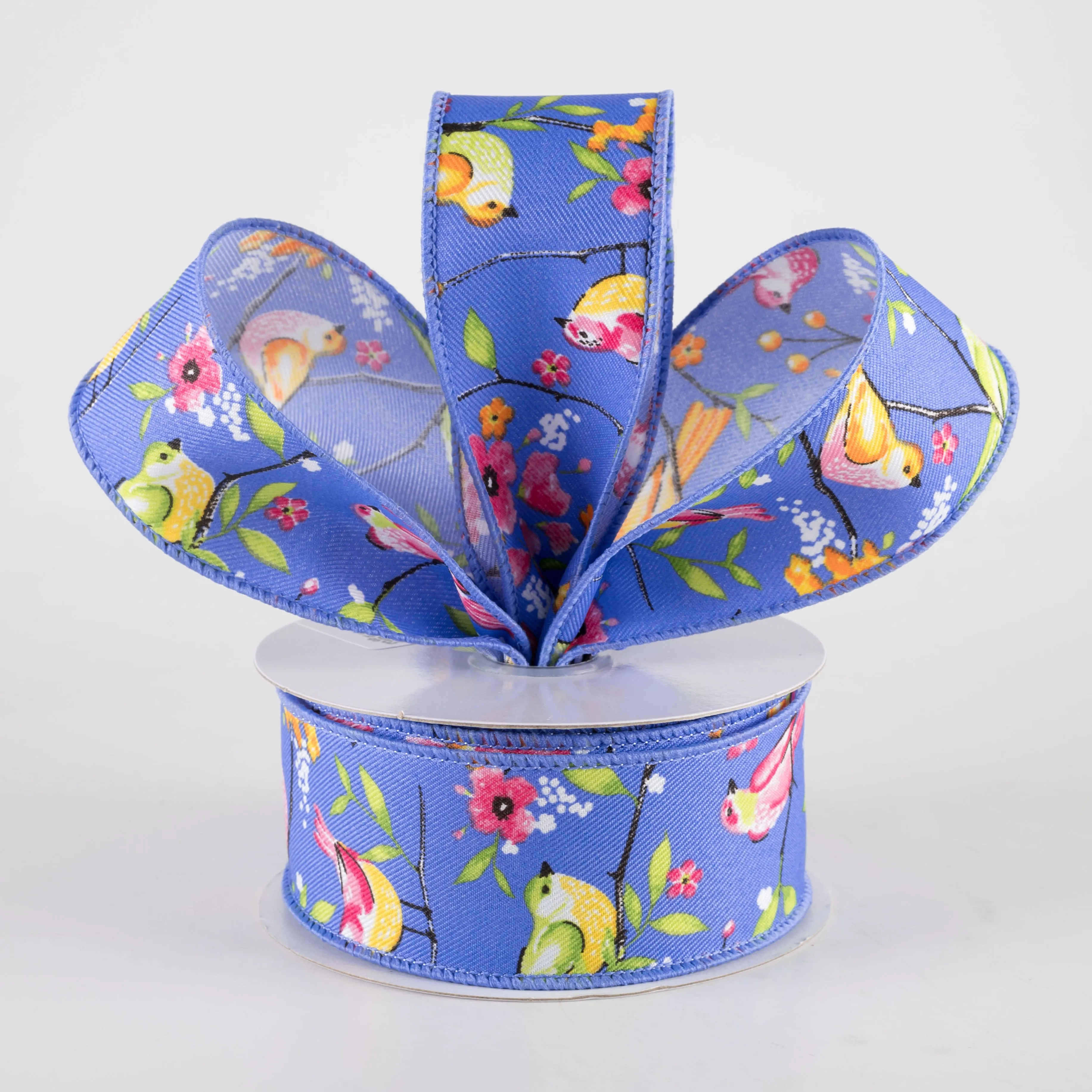 1.5" Birds With Floral Branches Ribbon: Medium Blue, Pink, Orange (10 Yards)