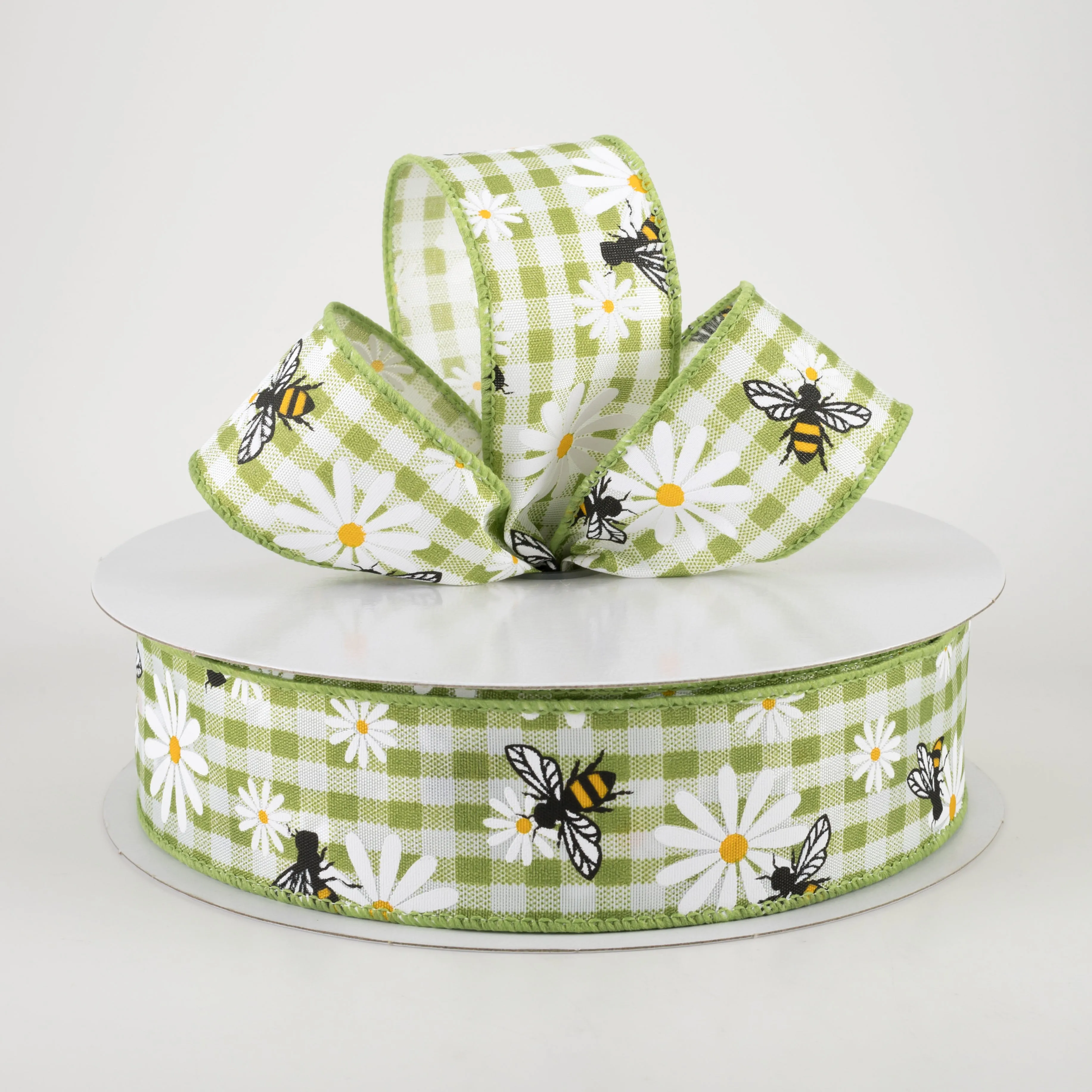 1.5" Daisies & Bees Ribbon: Sage Green Gingham (50 Yards)