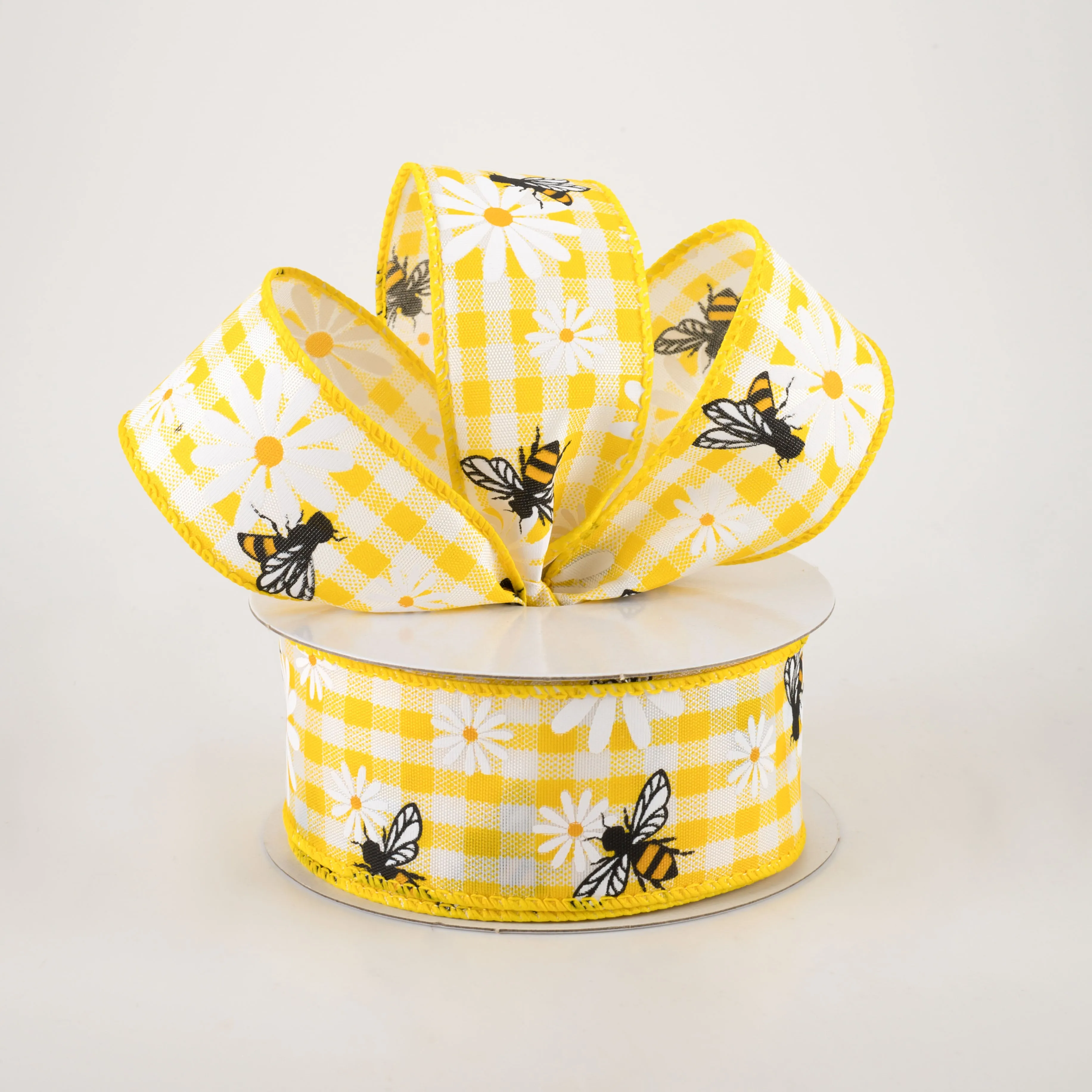 1.5" Daisies & Bees Ribbon: Yellow Gingham (10 Yards)