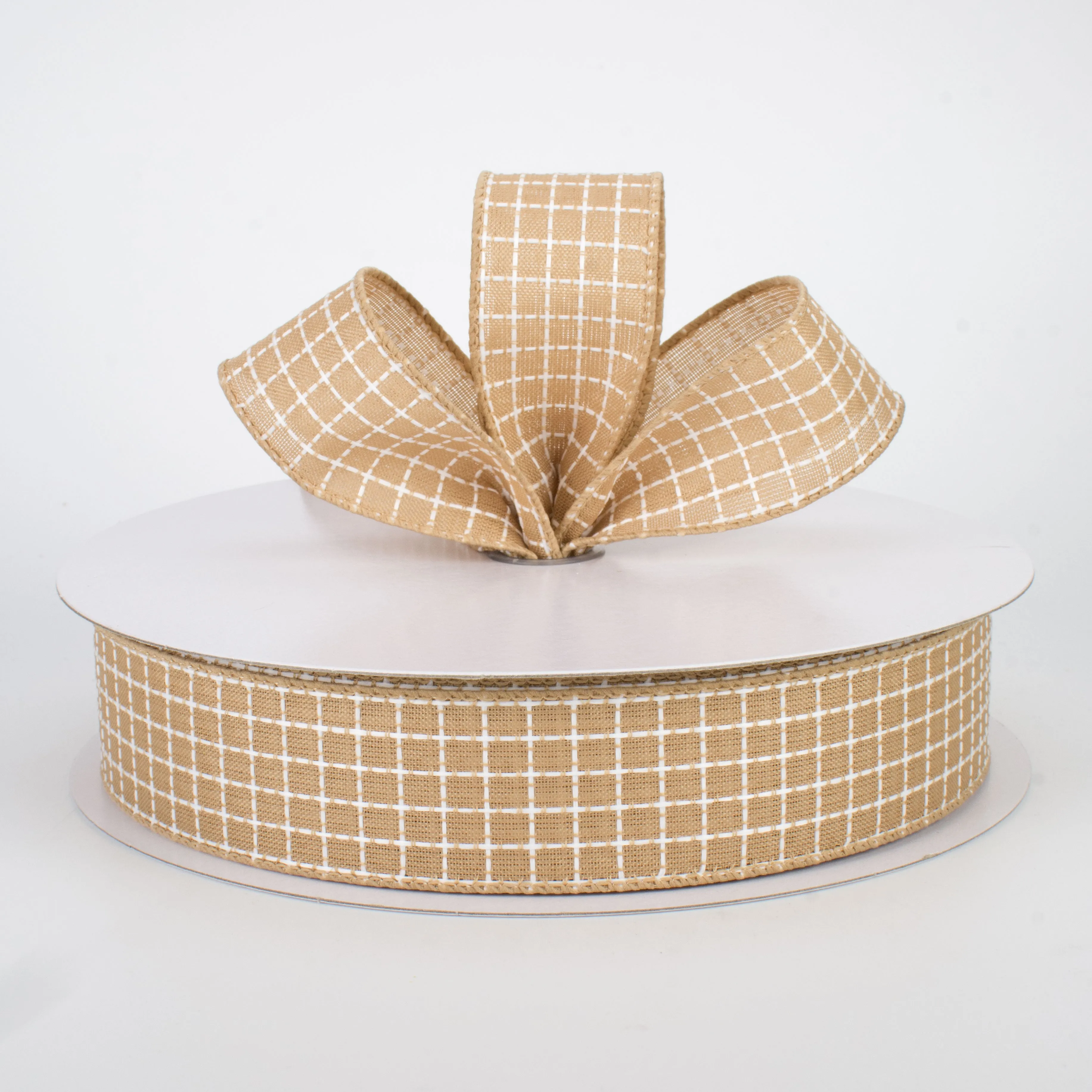 1.5" Embroidered Stitched Squares Ribbon: Natural (50 Yards)