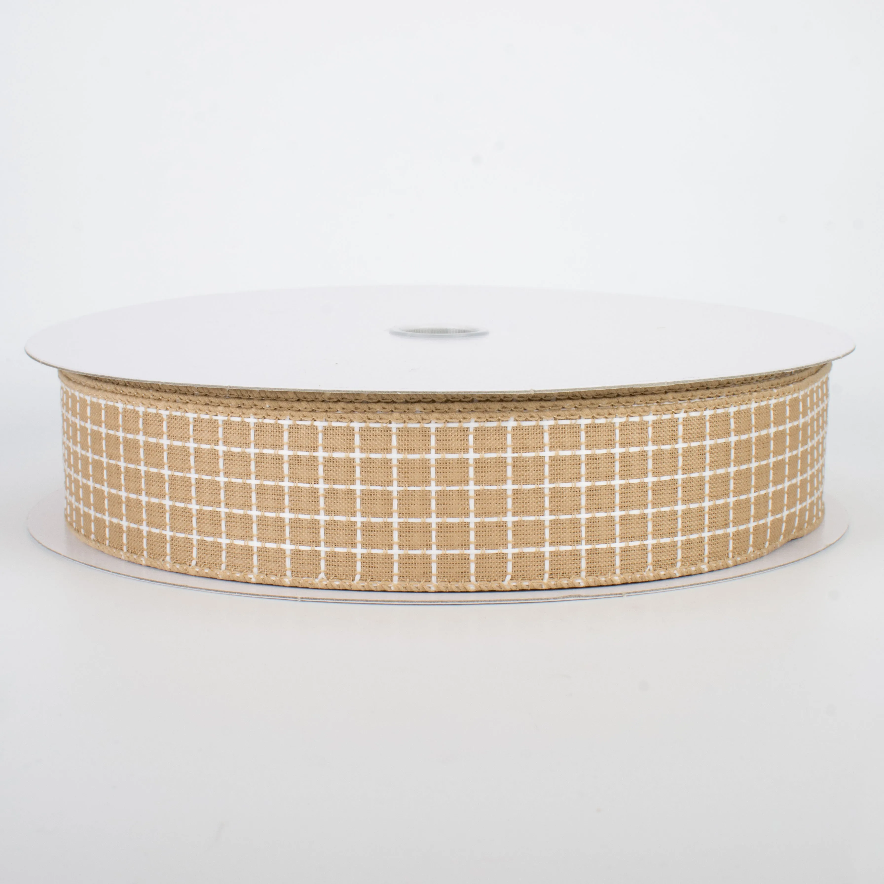 1.5" Embroidered Stitched Squares Ribbon: Natural (50 Yards)