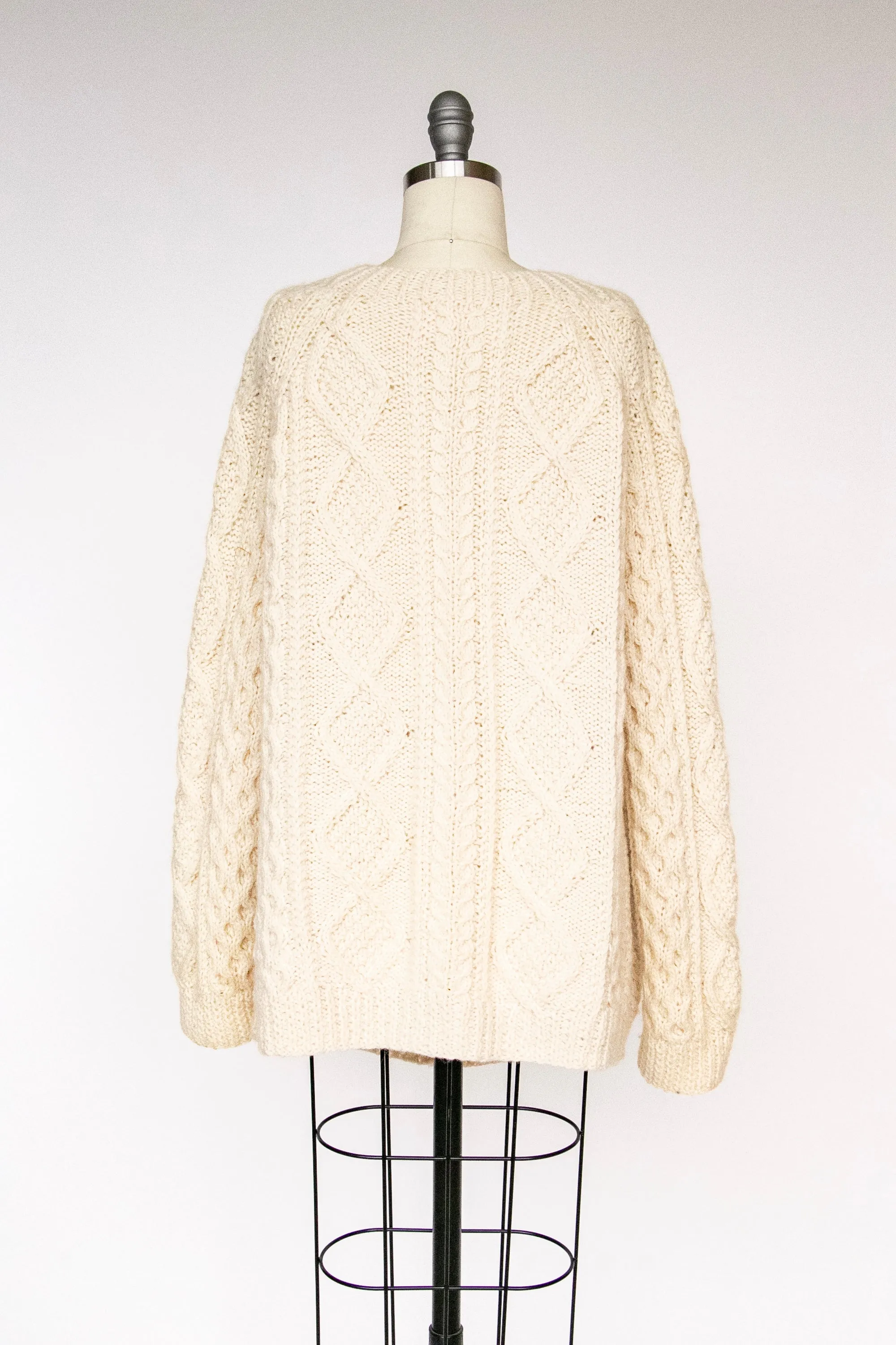 1970s Irish Wool Cardigan Fisherman Sweater Knit L