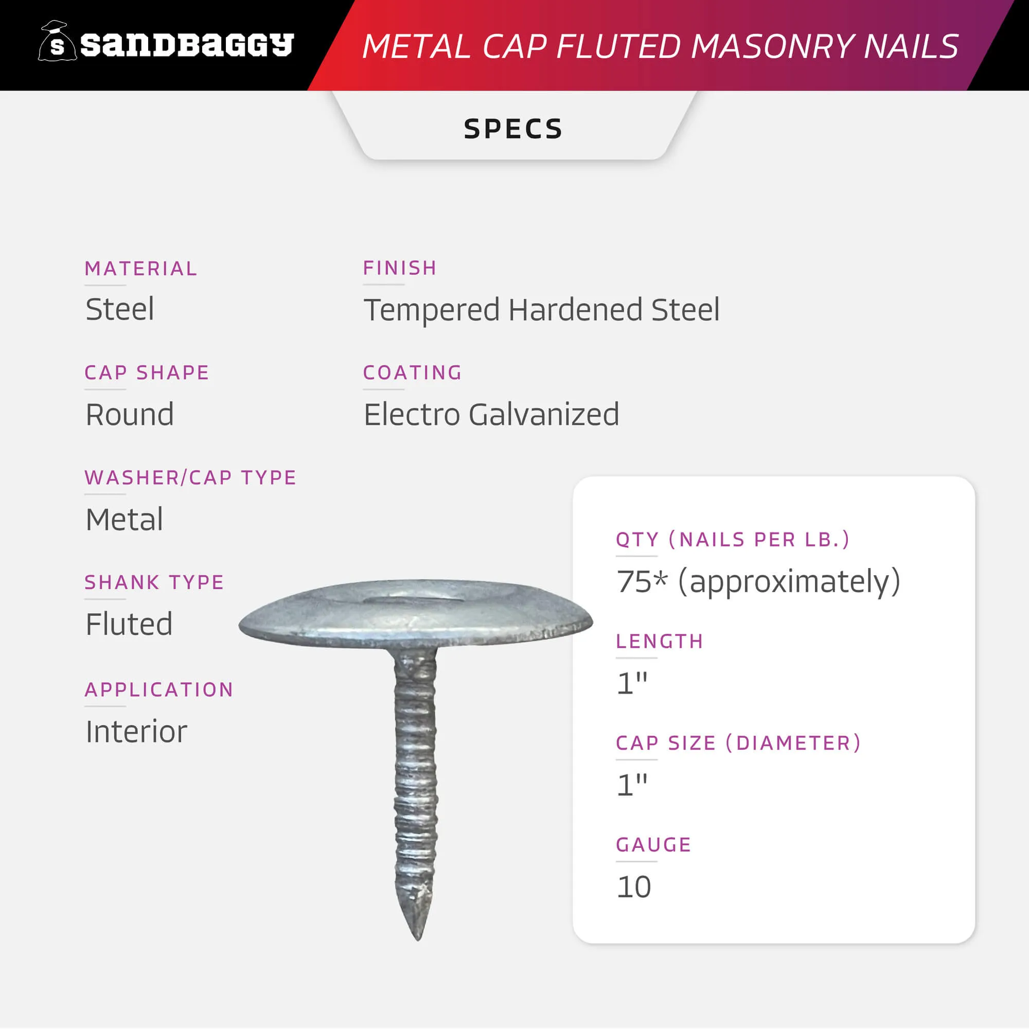 1" Metal Cap Fluted Masonry Nails - Galvanized (appx. 75 nails / lb)