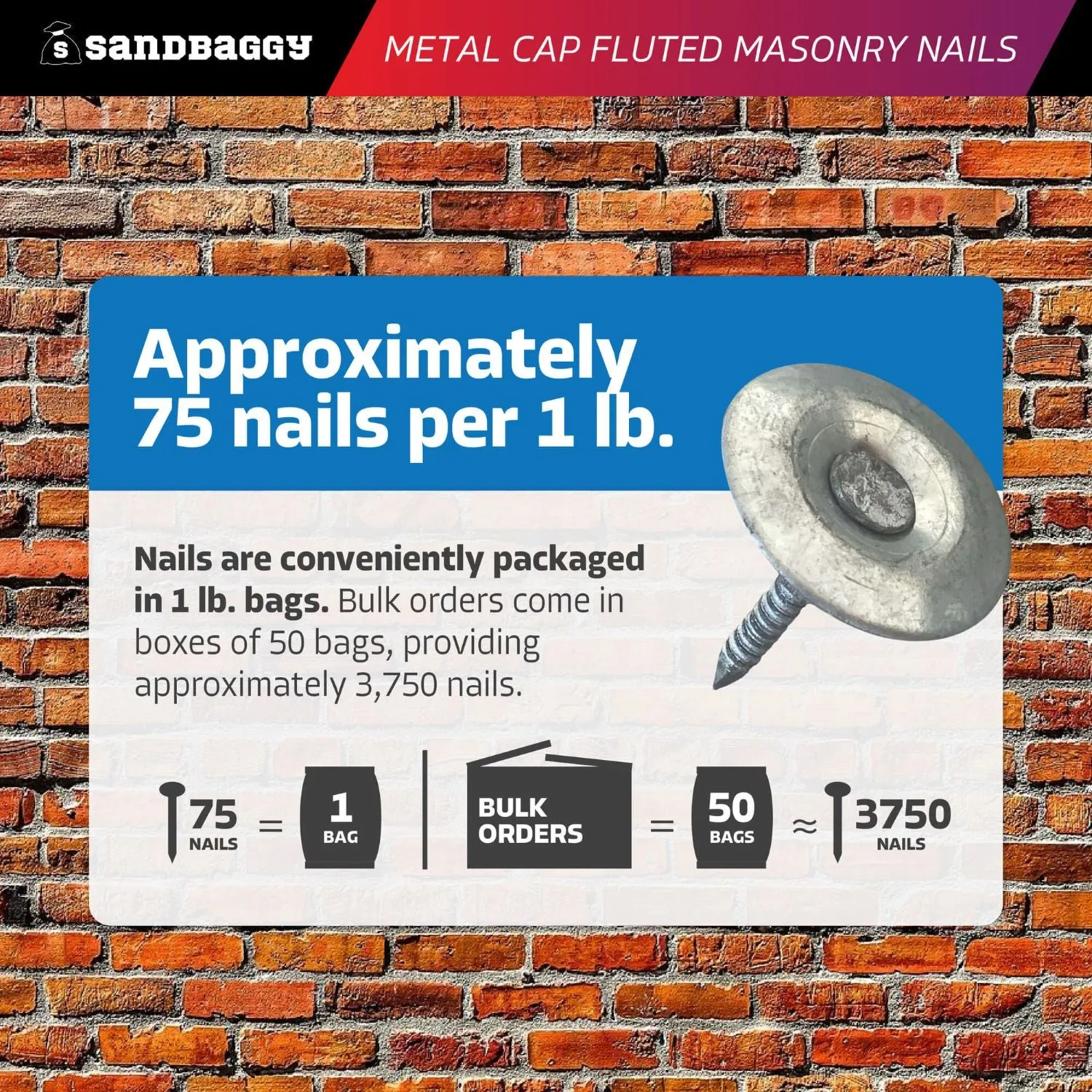 1" Metal Cap Fluted Masonry Nails - Galvanized (appx. 75 nails / lb)