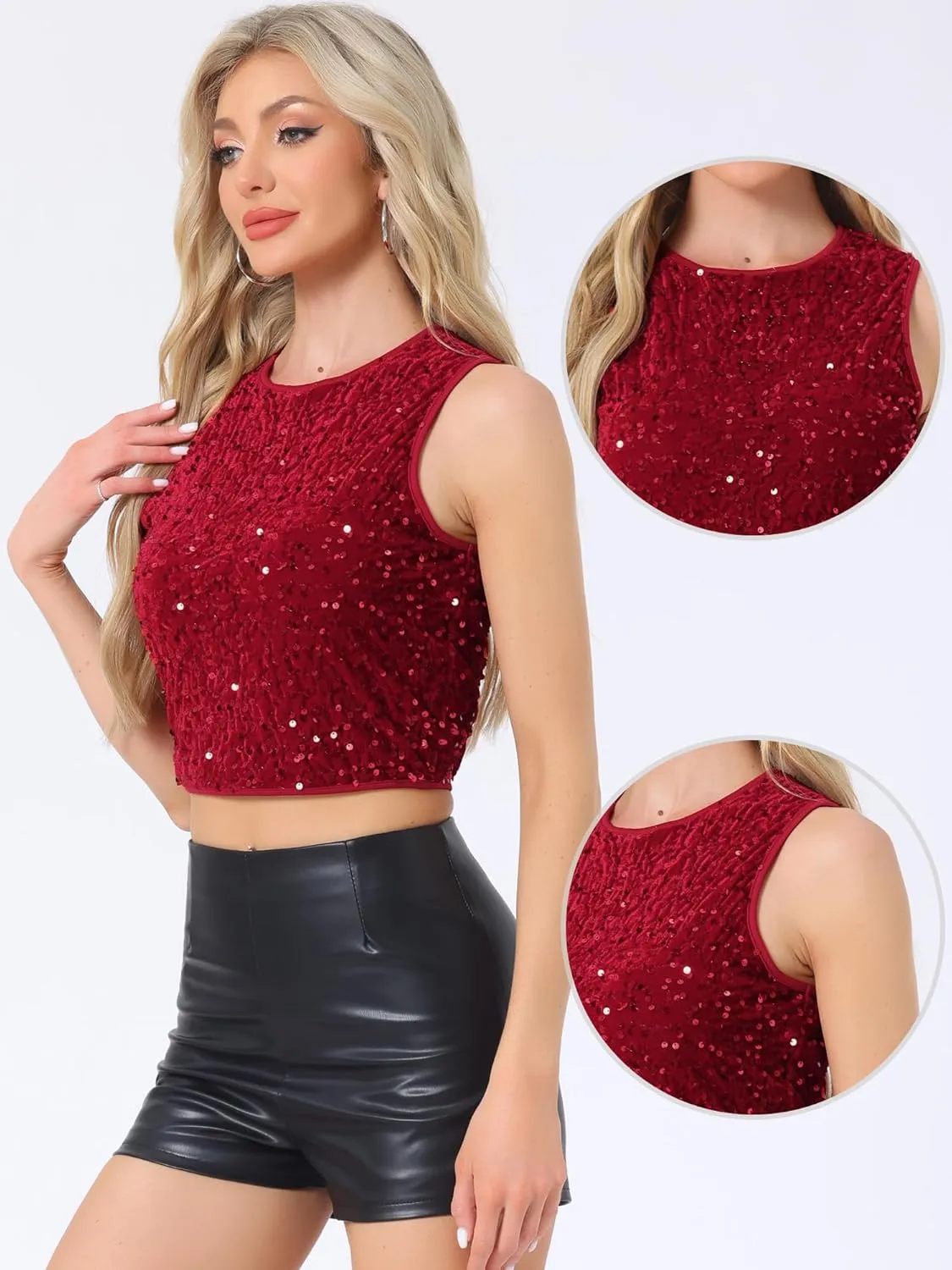Allegra K Sequin Tops for Women's Sparkle Glitter Sleeveless Club Party Nightout Crop Tank Top
