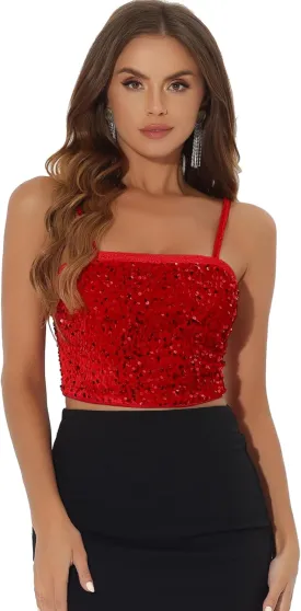Allegra K Sequined Cami Top for Women's Velvet Spaghetti Strap Club Party Crop Tank Tops