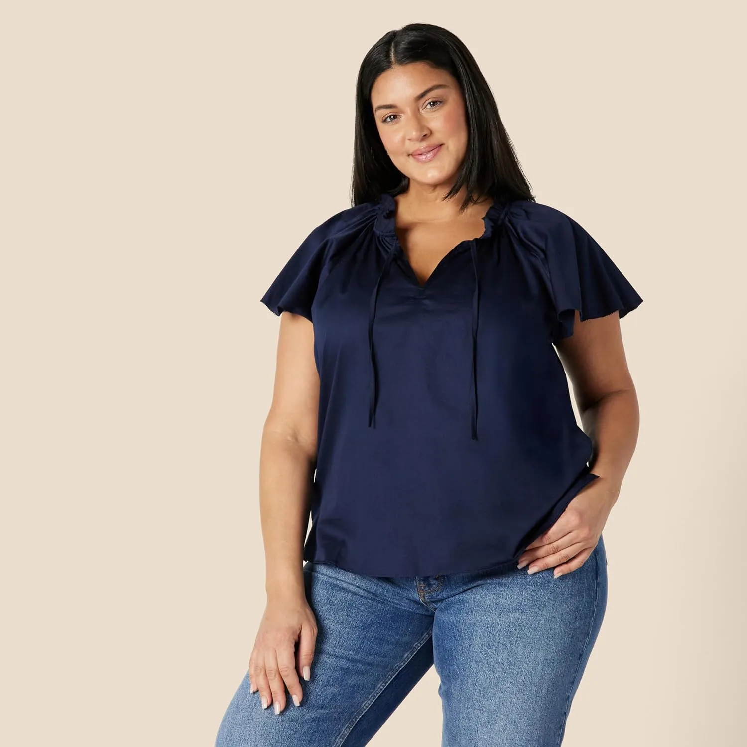 Amazon Essentials Women's Relaxed-Fit Cotton Sateen Flutter Sleeve Blouse