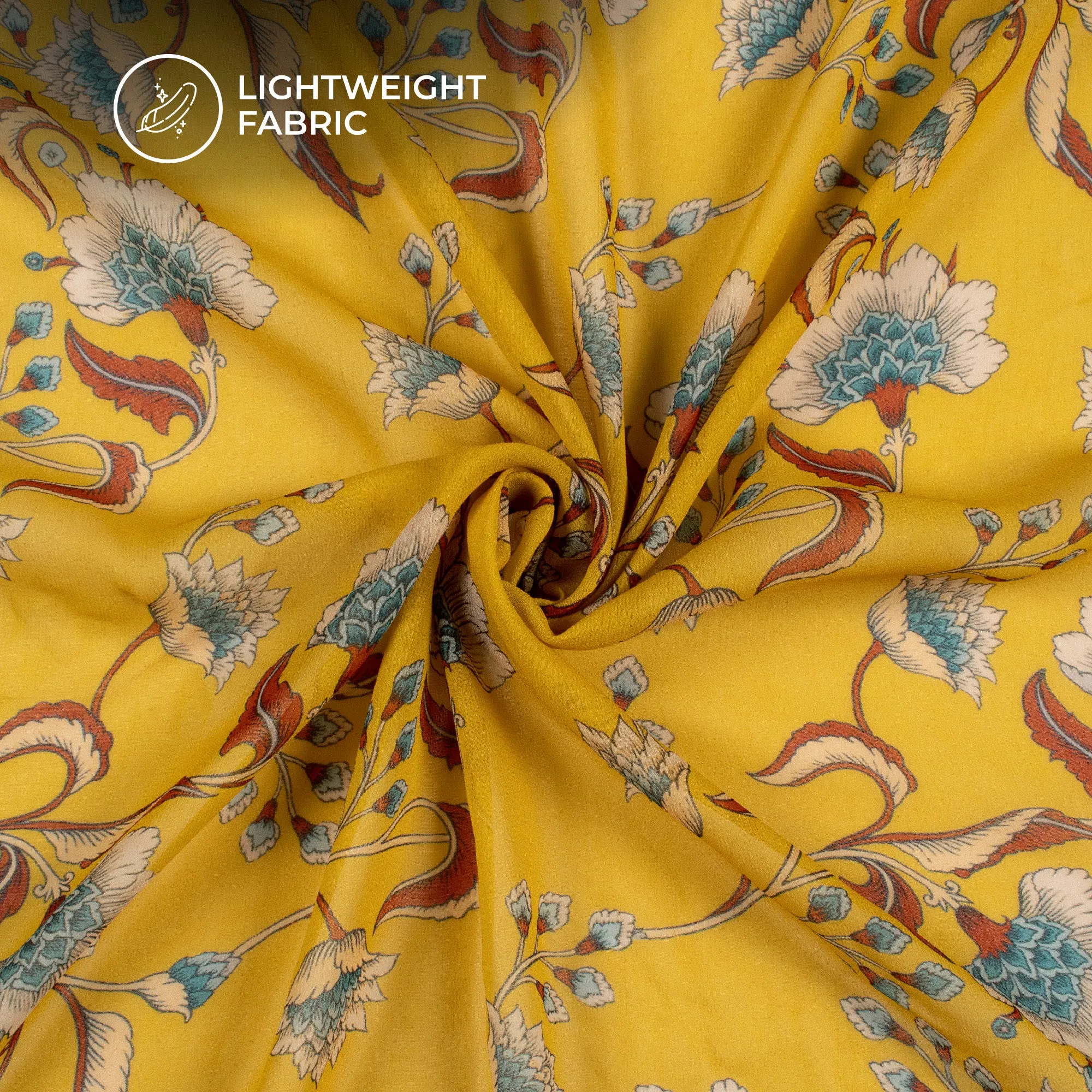 Amber Yellow Floral Digital Print Pure Georgette Fabric