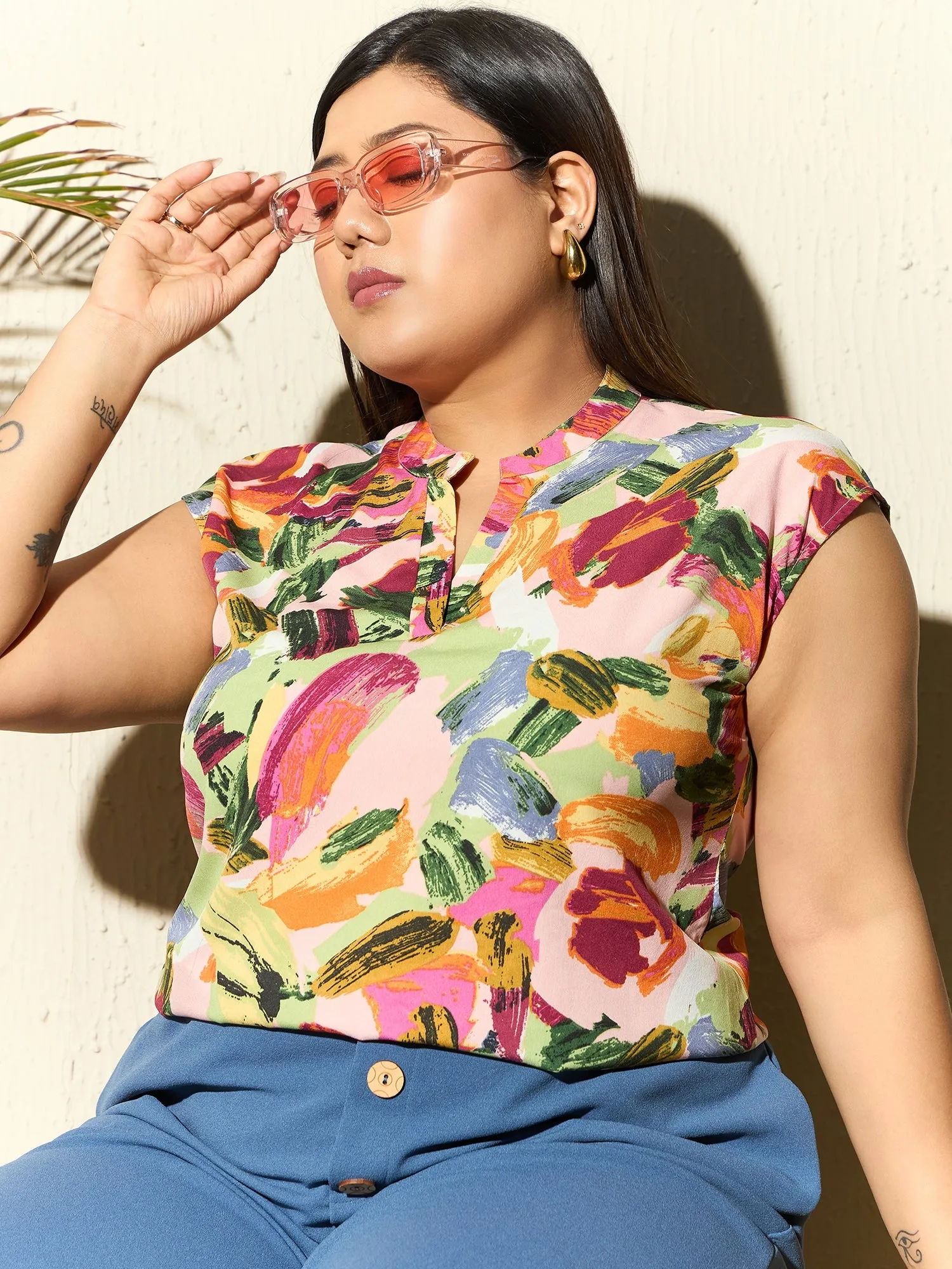 Berrylush Curve Women Pink & Multicolour Abstract Printed Mandarin Collar Neck Short Sleeves Regular Top