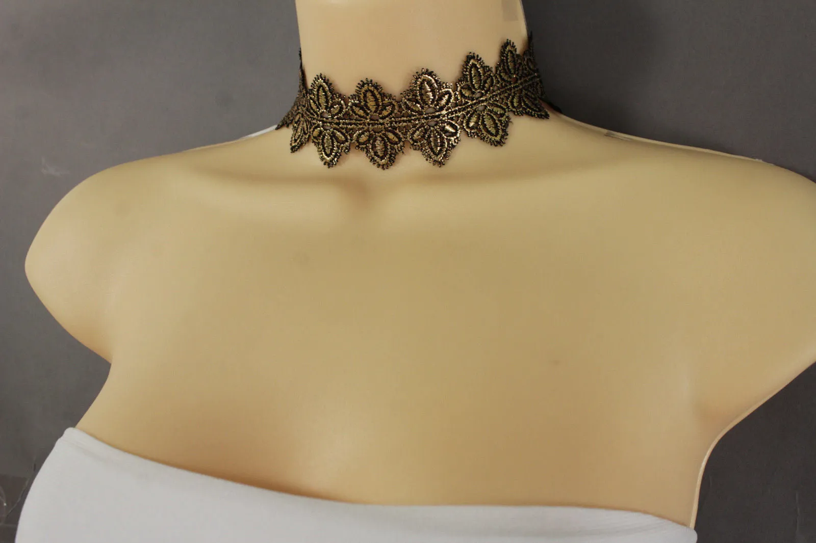 Black Gold Metallic Lace Fabric Wide Band Choker Necklace