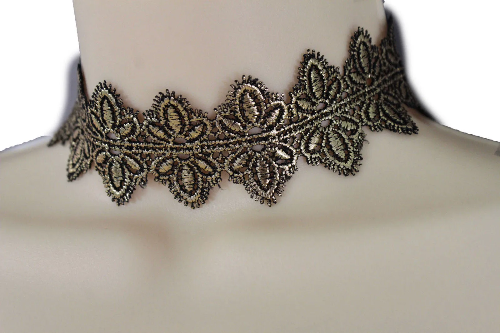 Black Gold Metallic Lace Fabric Wide Band Choker Necklace