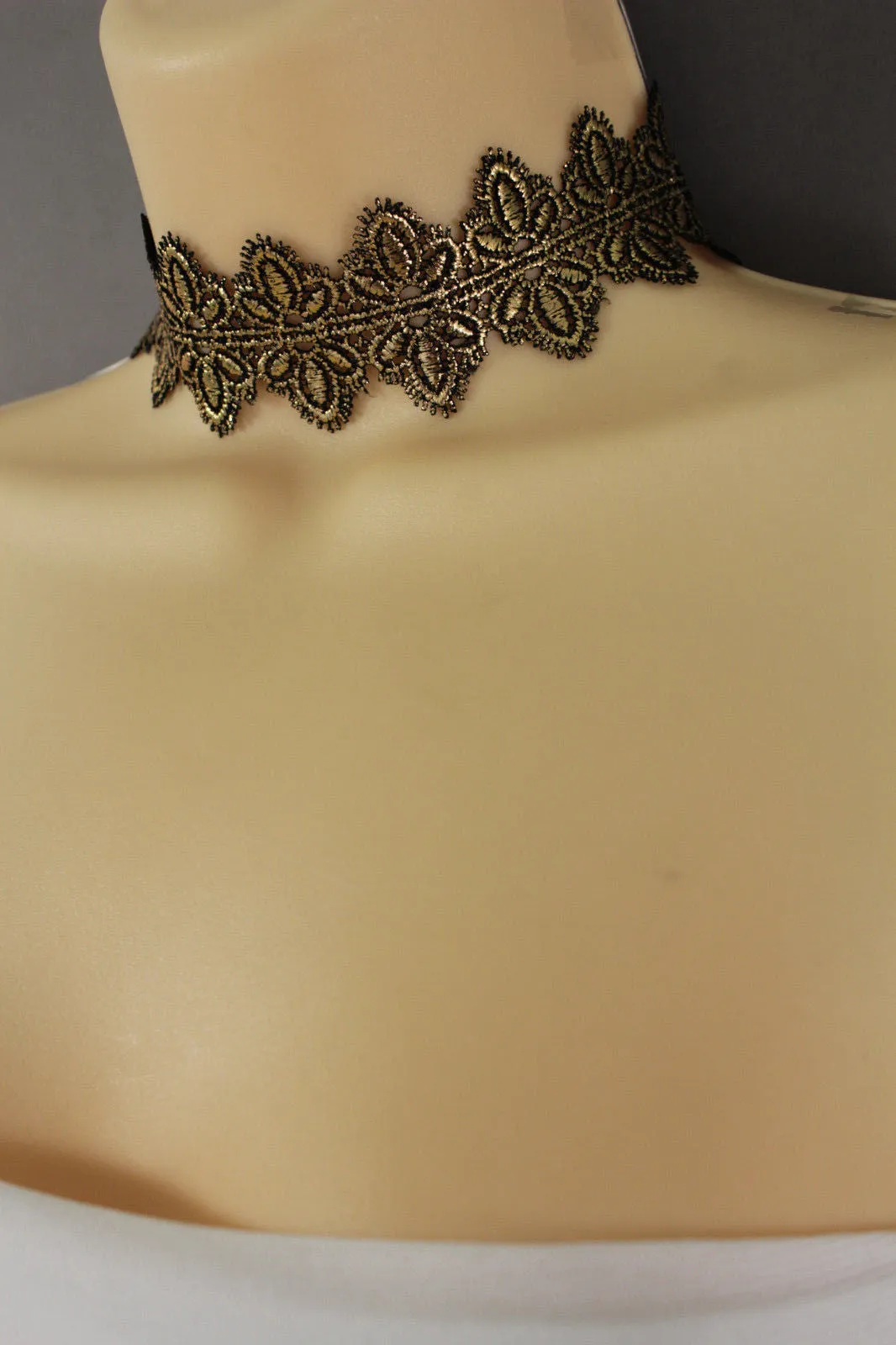Black Gold Metallic Lace Fabric Wide Band Choker Necklace