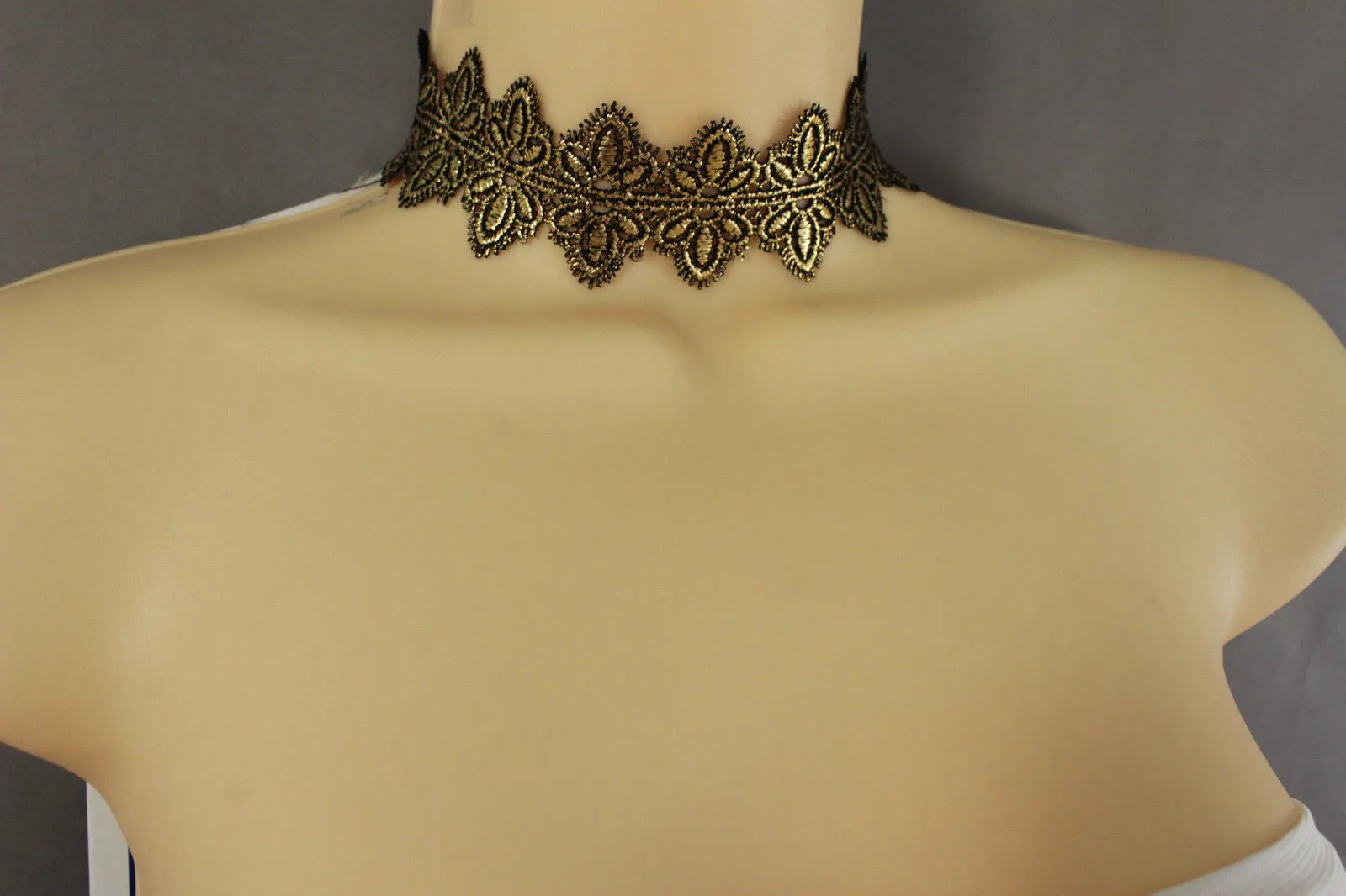 Black Gold Metallic Lace Fabric Wide Band Choker Necklace