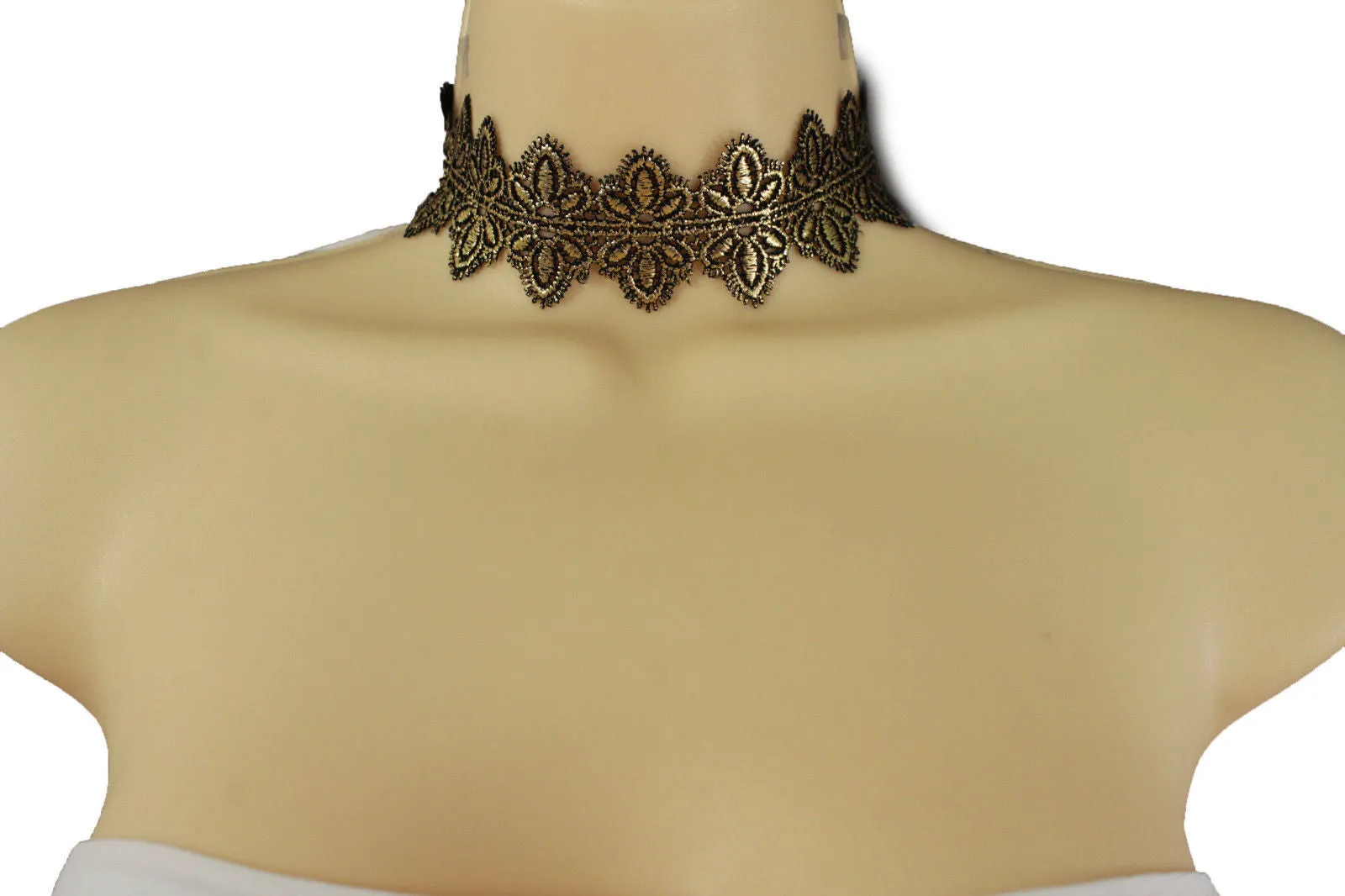 Black Gold Metallic Lace Fabric Wide Band Choker Necklace