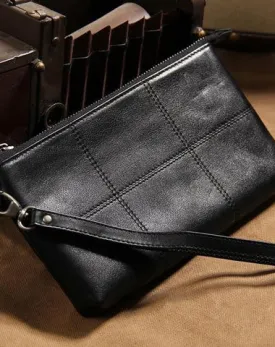 Black Leather Mens Clutch Wristlet Wallet Zipper Clutch Bag for Men