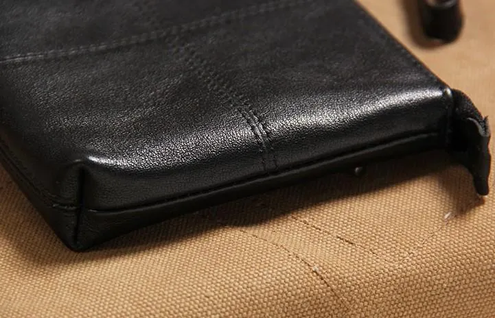Black Leather Mens Clutch Wristlet Wallet Zipper Clutch Bag for Men