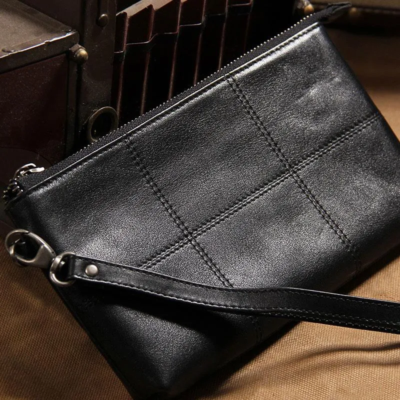 Black Leather Mens Clutch Wristlet Wallet Zipper Clutch Bag for Men