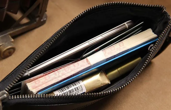 Black Leather Mens Clutch Wristlet Wallet Zipper Clutch Bag for Men