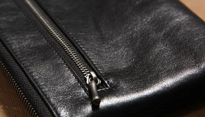 Black Leather Mens Clutch Wristlet Wallet Zipper Clutch Bag for Men