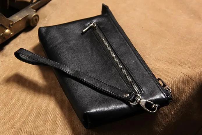 Black Leather Mens Clutch Wristlet Wallet Zipper Clutch Bag for Men
