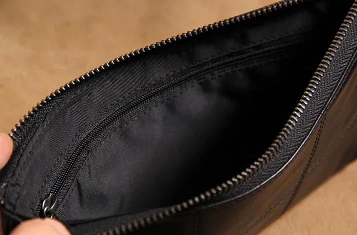 Black Leather Mens Clutch Wristlet Wallet Zipper Clutch Bag for Men