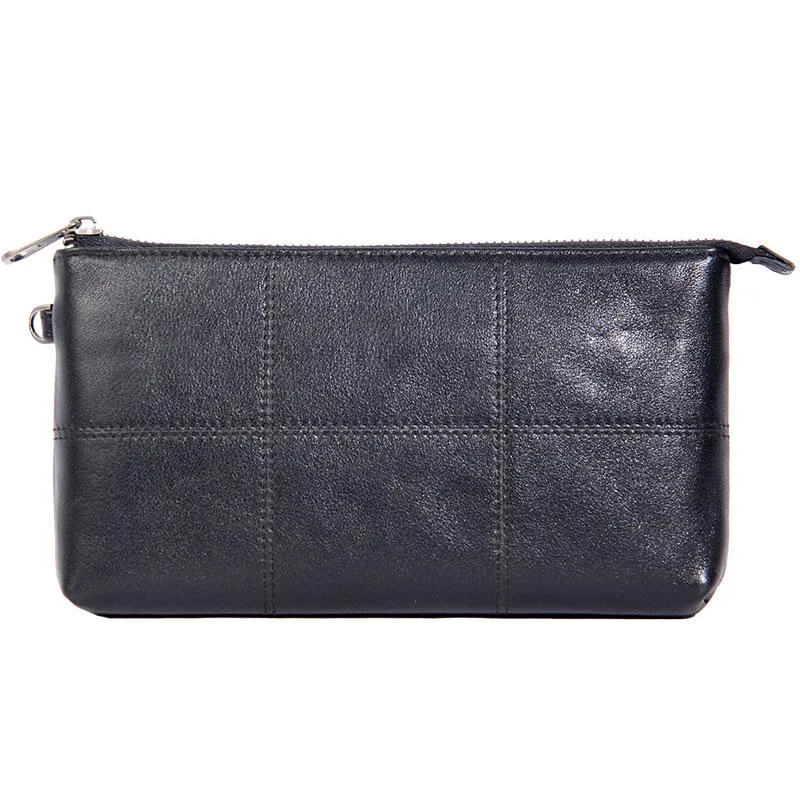 Black Leather Mens Clutch Wristlet Wallet Zipper Clutch Bag for Men