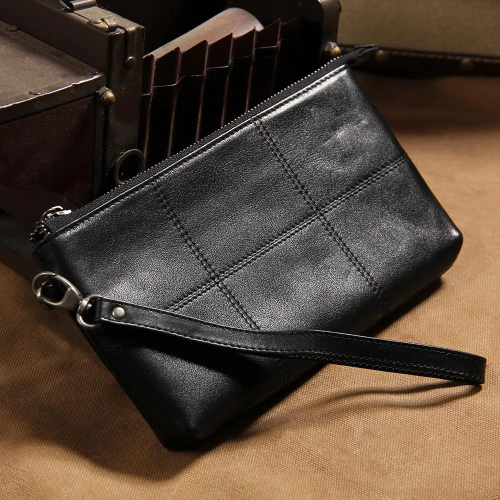Black Leather Mens Clutch Wristlet Wallet Zipper Clutch Bag for Men