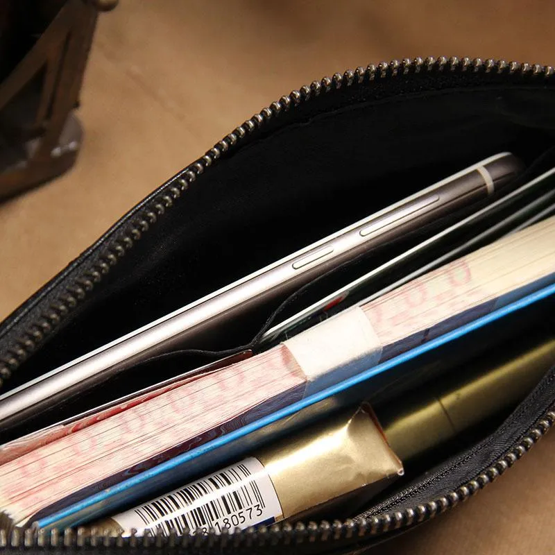 Black Leather Mens Clutch Wristlet Wallet Zipper Clutch Bag for Men