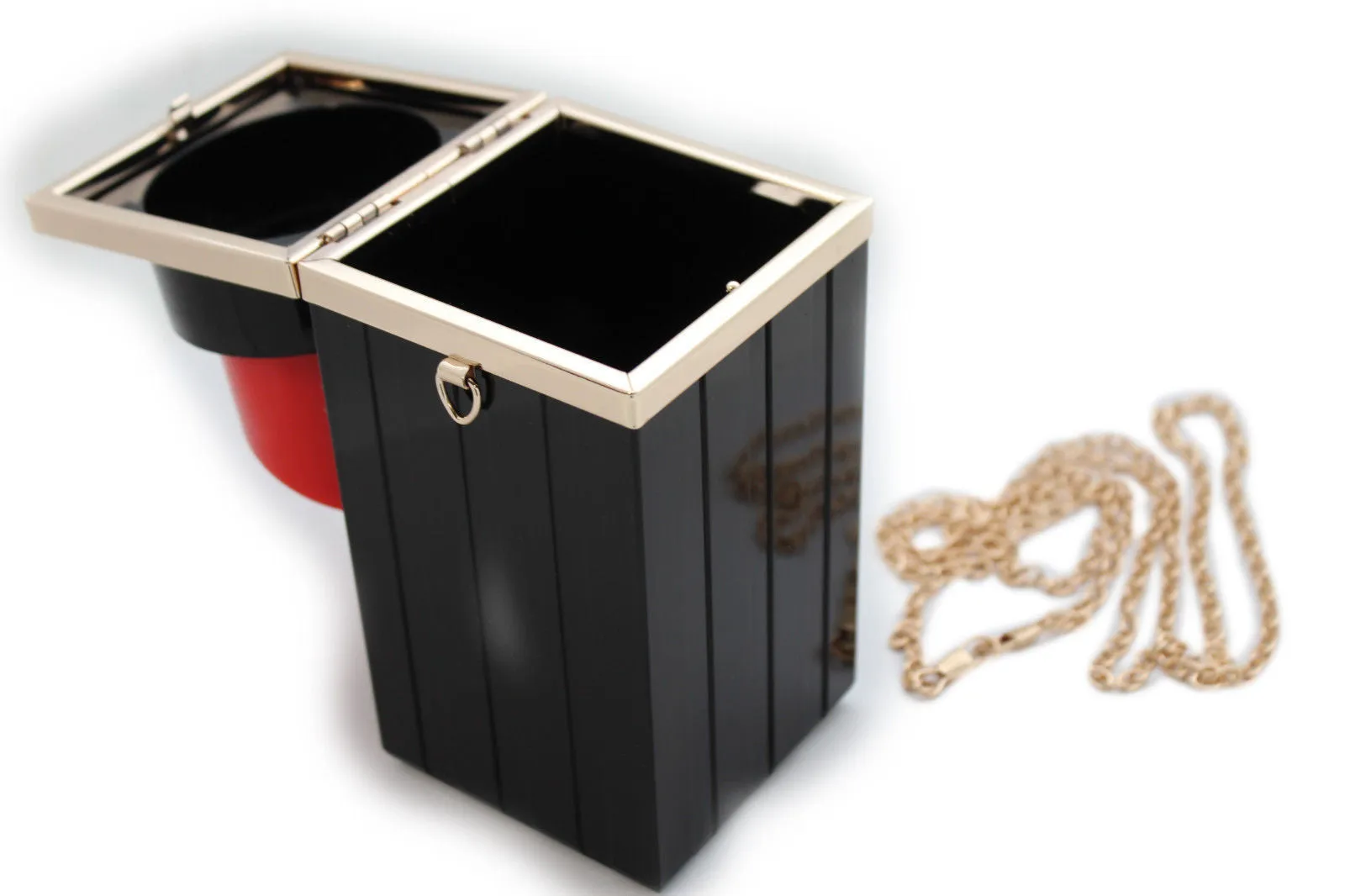 Black Red Lipstick Purse Small Evening Handbag Gold Chain Mini Bag