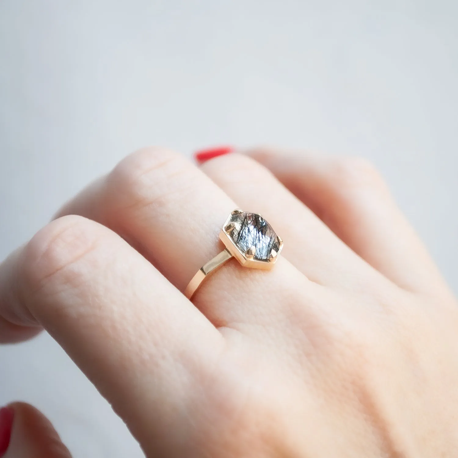Black Tourmalated Hexagon Quartz Ring