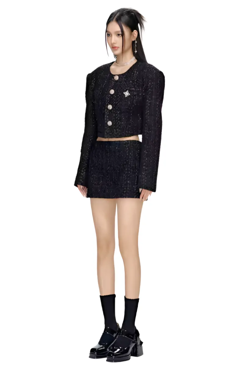 Black Wide-Shoulder Short Tweed Jacket with Cross Design