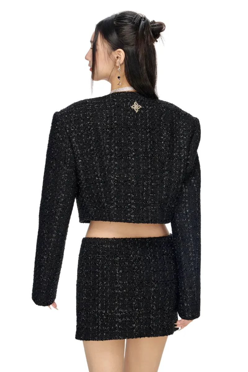 Black Wide-Shoulder Short Tweed Jacket with Cross Design