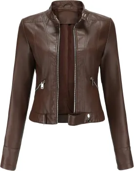 BOFETA Womens Faux Leather Long Sleeve Jackets Quilted Moto Outwear Slim Lapel Coats