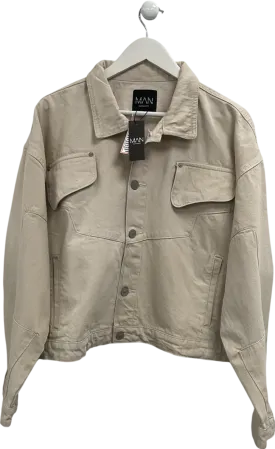 boohooMan Beige Boxy Fit Panelled Denim Jacket UK L