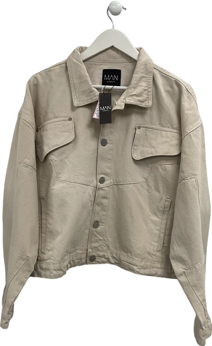 boohooMan Beige Boxy Fit Panelled Denim Jacket UK L
