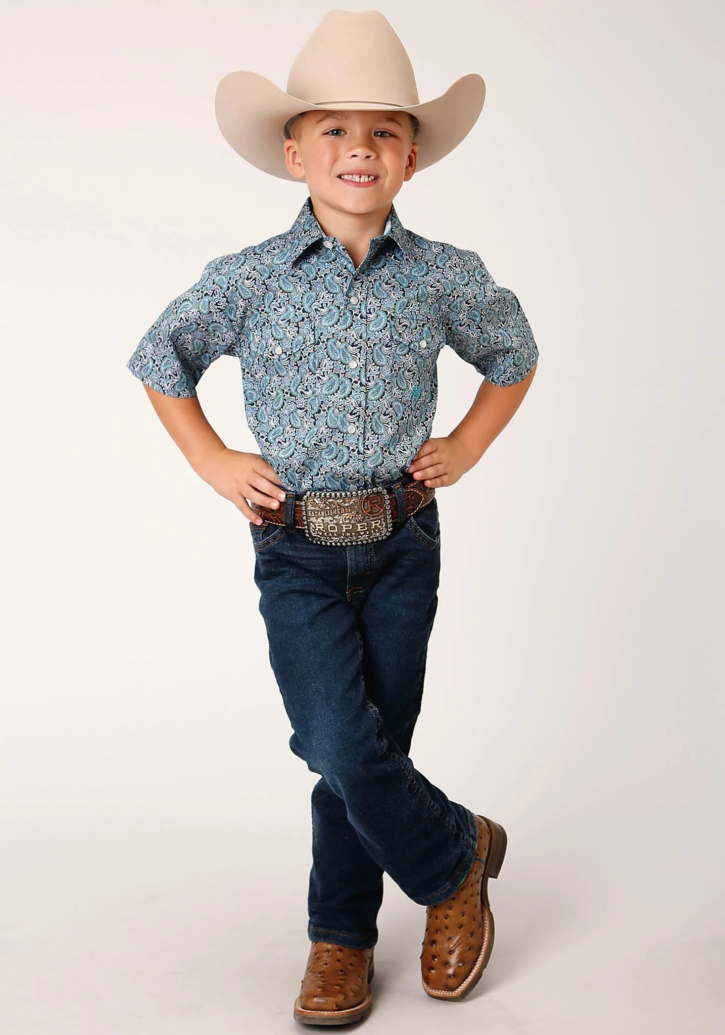 Boys Short Sleeve Snap Peacock Paisley Western Shirt