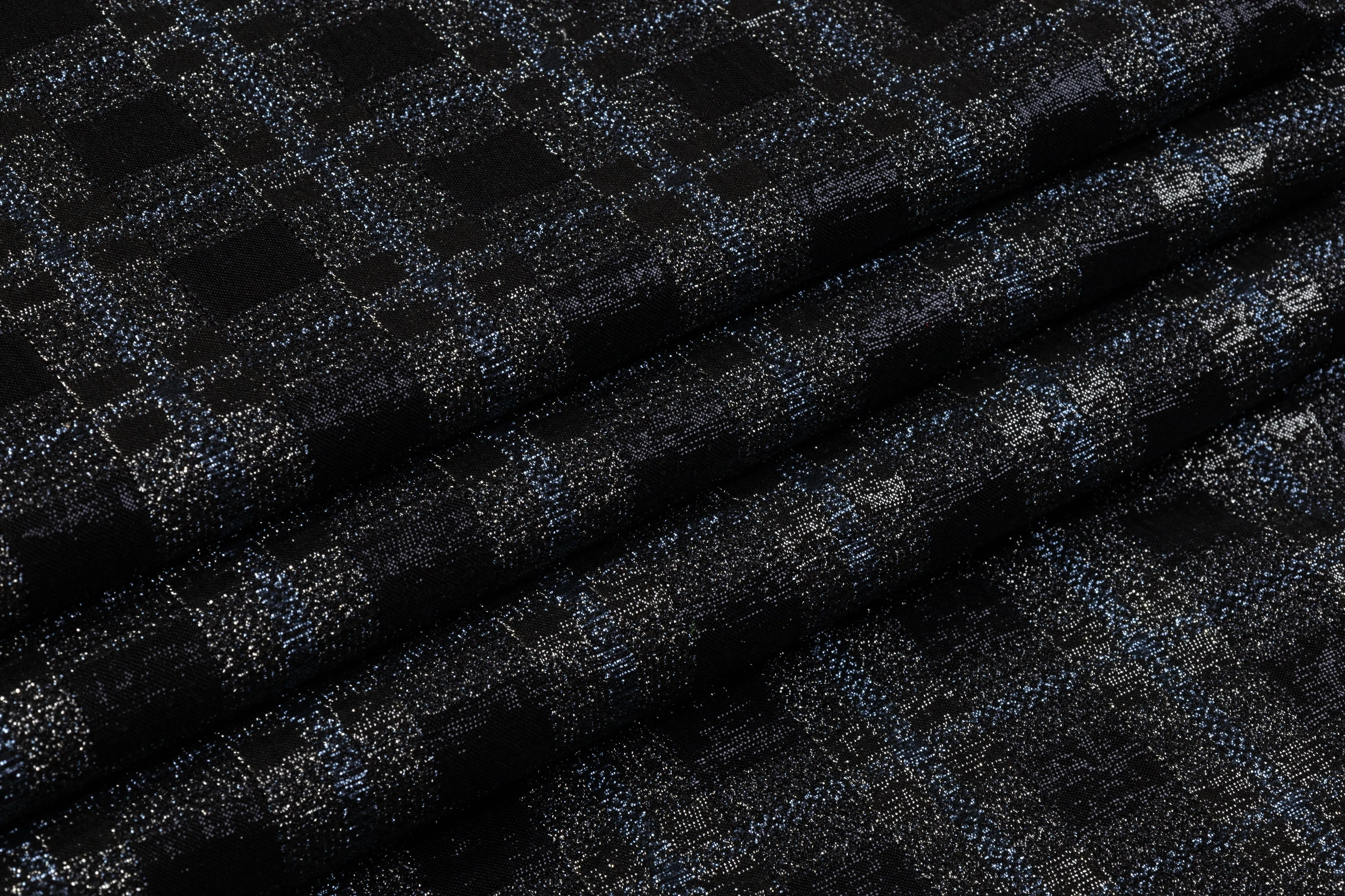 Checked Metallic Stretch Brocade - Black / Gray / Blue