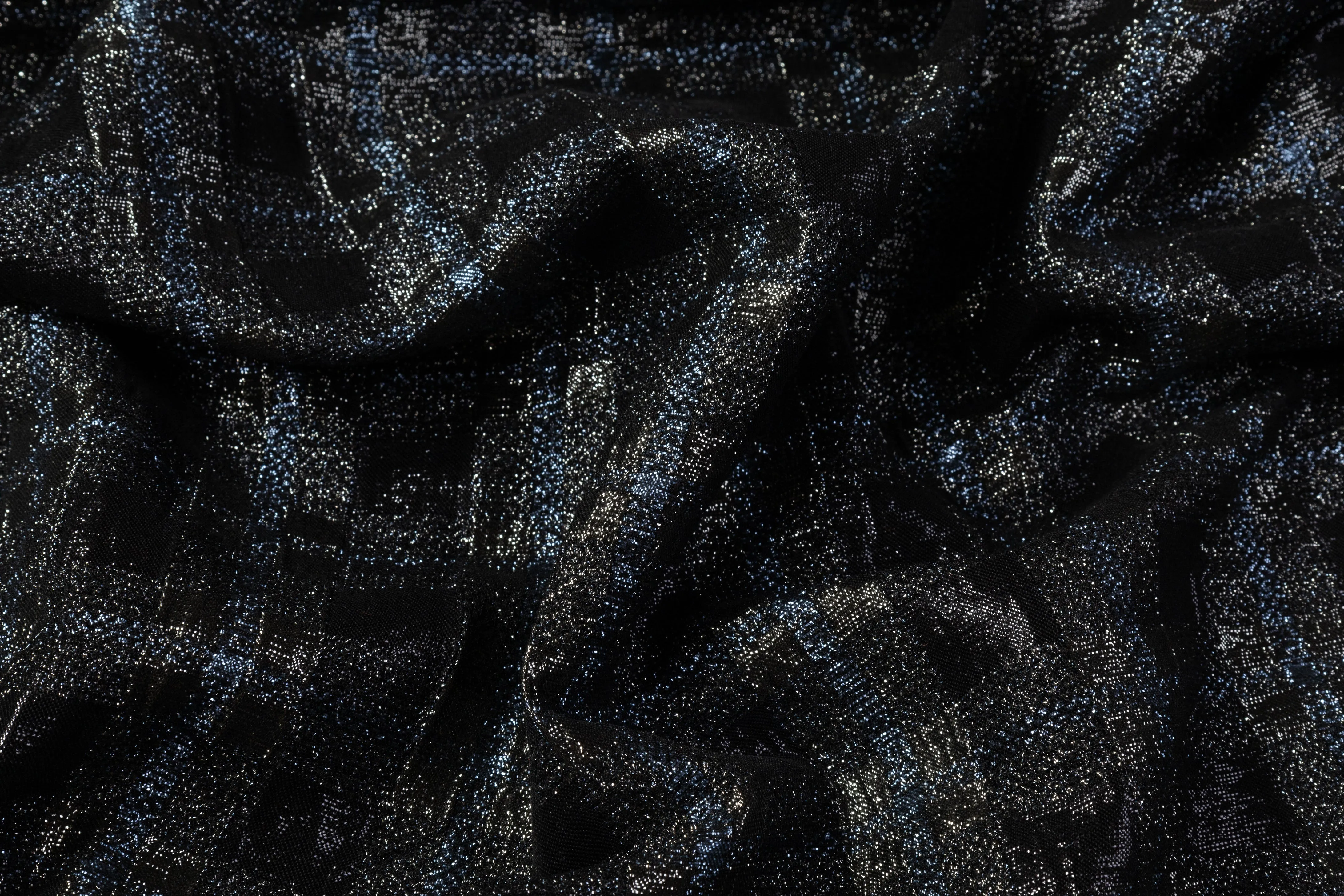 Checked Metallic Stretch Brocade - Black / Gray / Blue