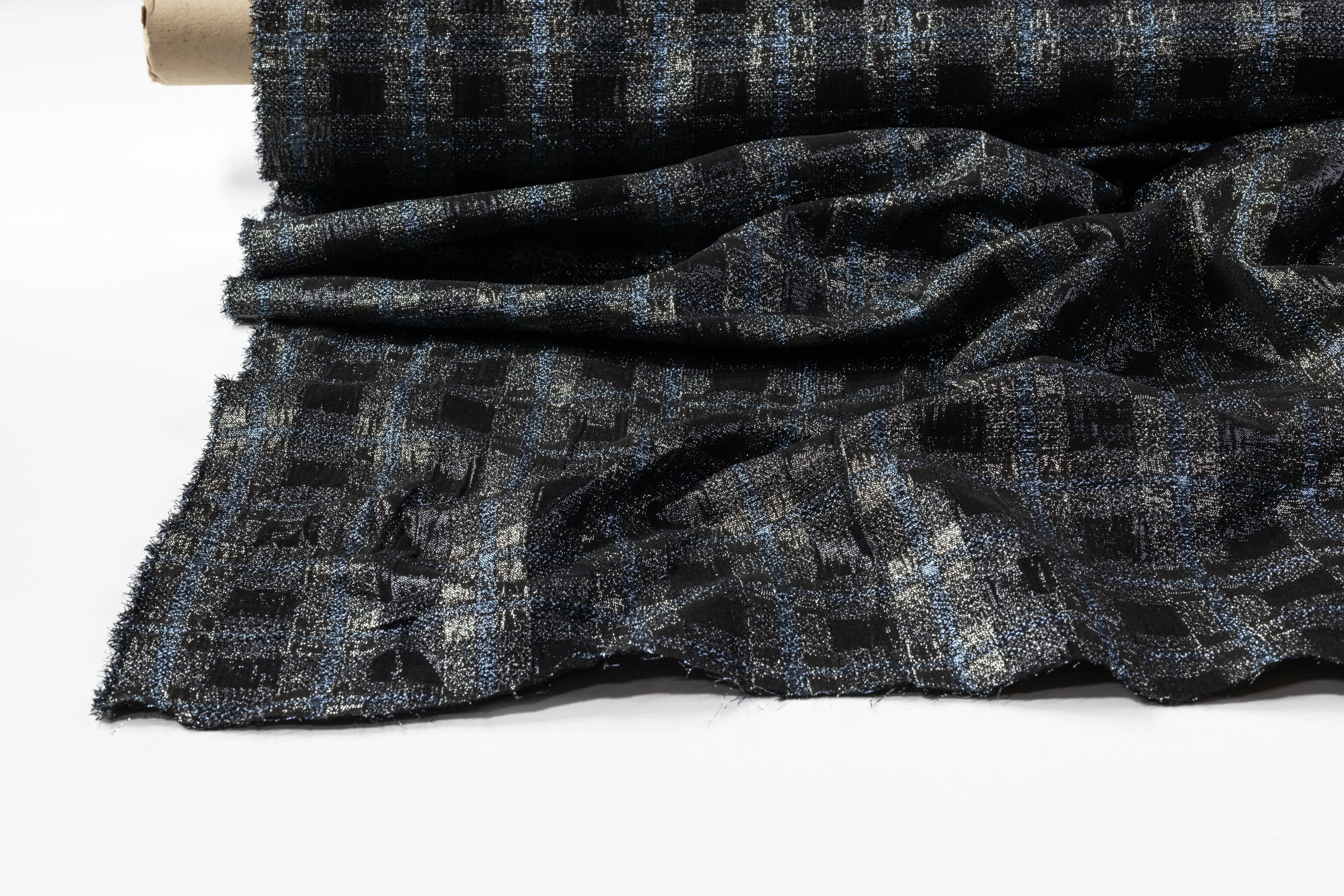 Checked Metallic Stretch Brocade - Black / Gray / Blue