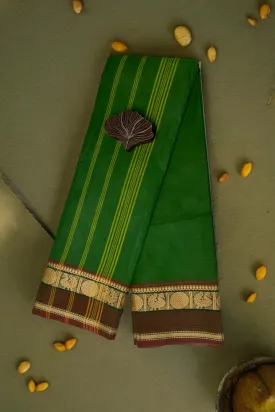 chettinad cotton saree - earthy green & brown border