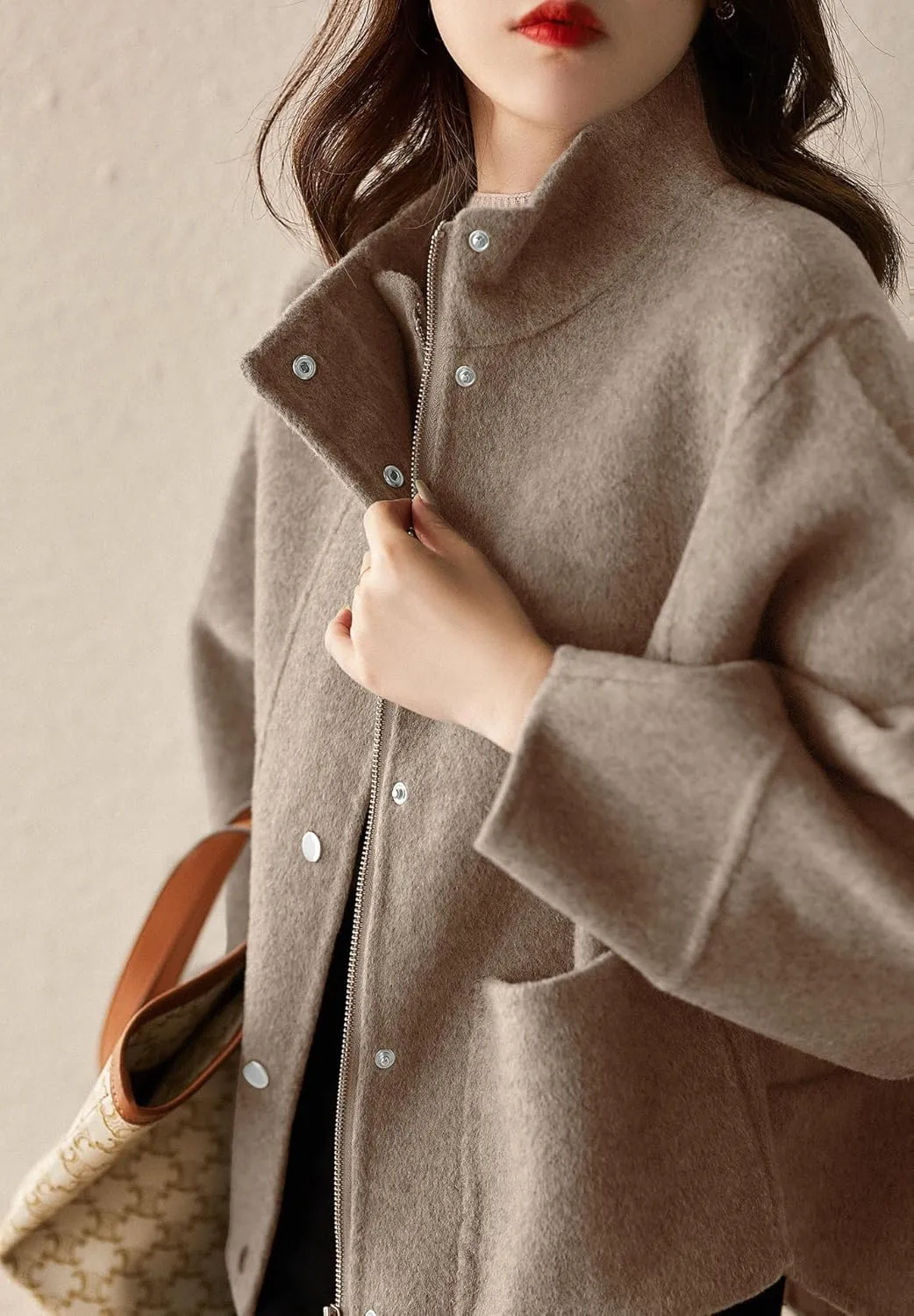 chouyatou Women's Casual Stand Collar Single Breasted Short Wool Pea Coat Overcoat with Pockets