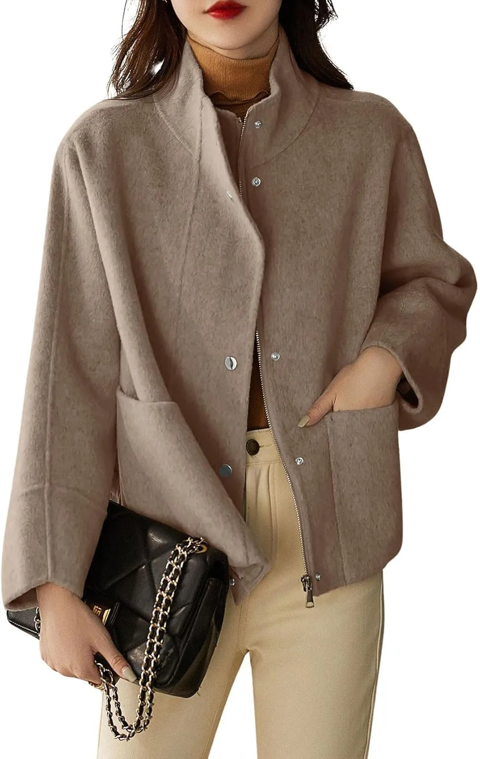 chouyatou Women's Casual Stand Collar Single Breasted Short Wool Pea Coat Overcoat with Pockets