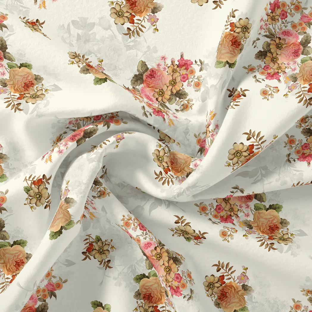 Classic Multicolor Roses With Leaves Digital Printed Fabric - Poly Muslin