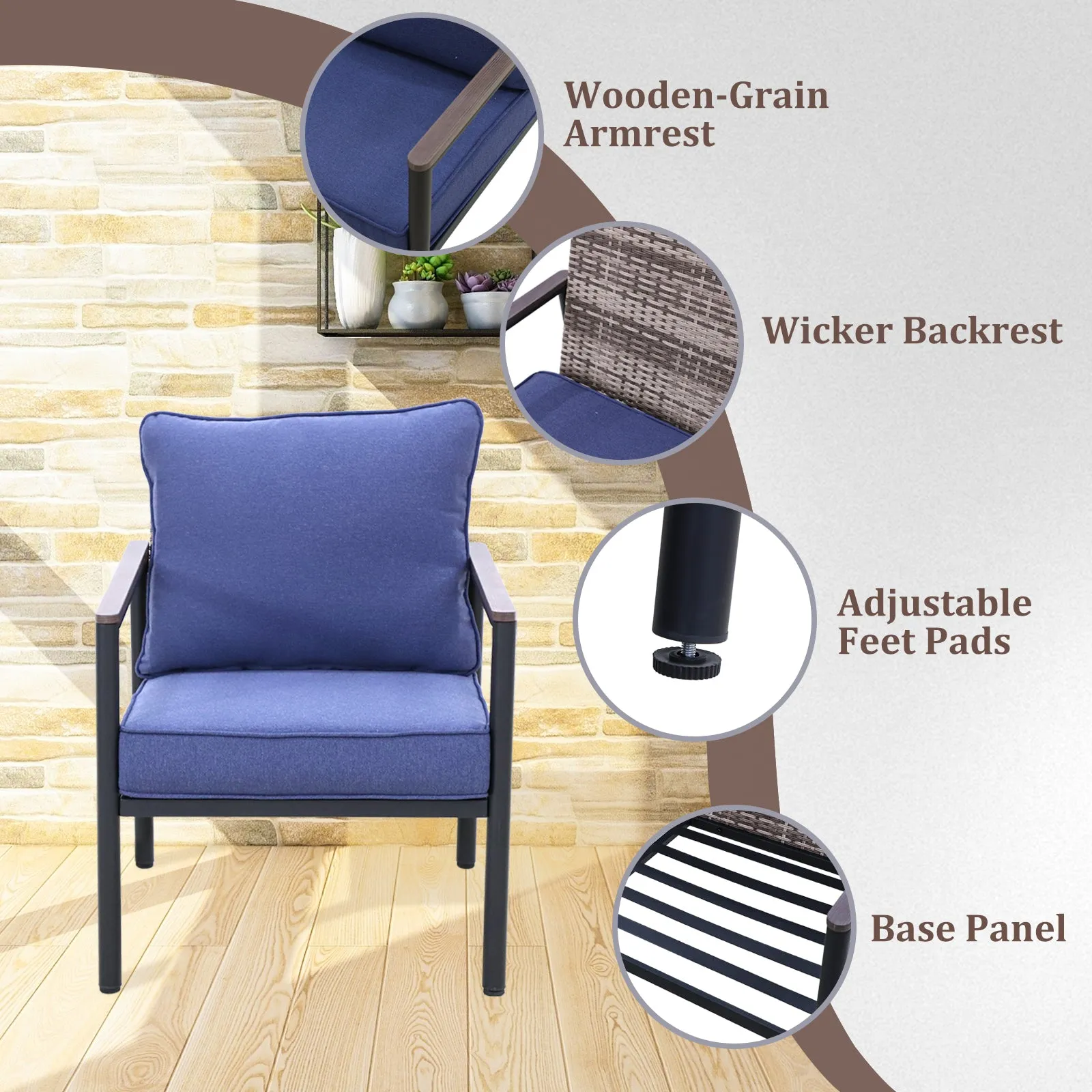 COOS BAY 5 Pieces Patio Furniture Set, Includes Patio Chairs, 3 Seater Patio Sofa and Nesting Coffee Tables, Beige/Blue