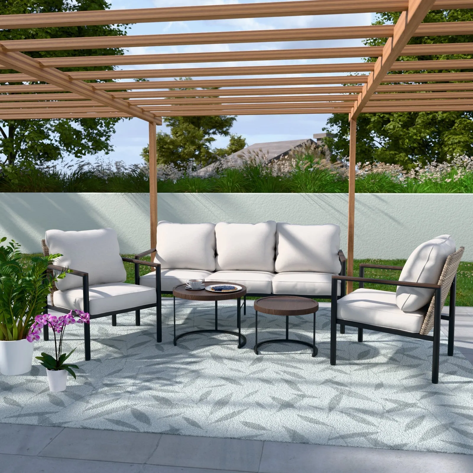 COOS BAY 5 Pieces Patio Furniture Set, Includes Patio Chairs, 3 Seater Patio Sofa and Nesting Coffee Tables, Beige/Blue