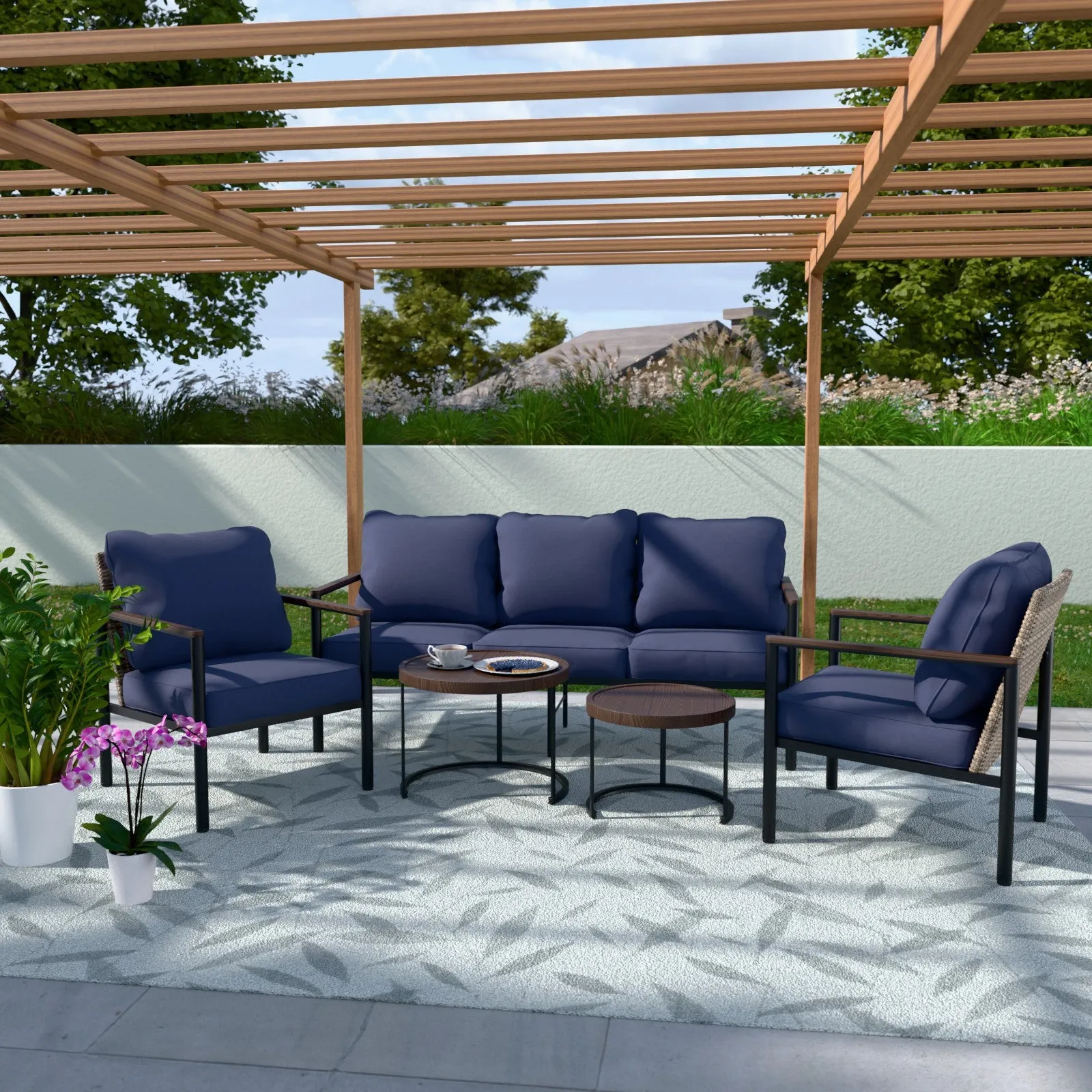 COOS BAY 5 Pieces Patio Furniture Set, Includes Patio Chairs, 3 Seater Patio Sofa and Nesting Coffee Tables, Beige/Blue